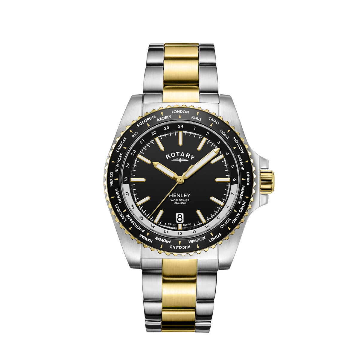 Rotary Henley World Timer GB05371/04 two-tone men's watch with black dial