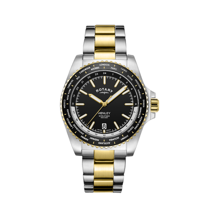 Rotary Henley World Timer GB05371/04 two-tone men's watch with black dial