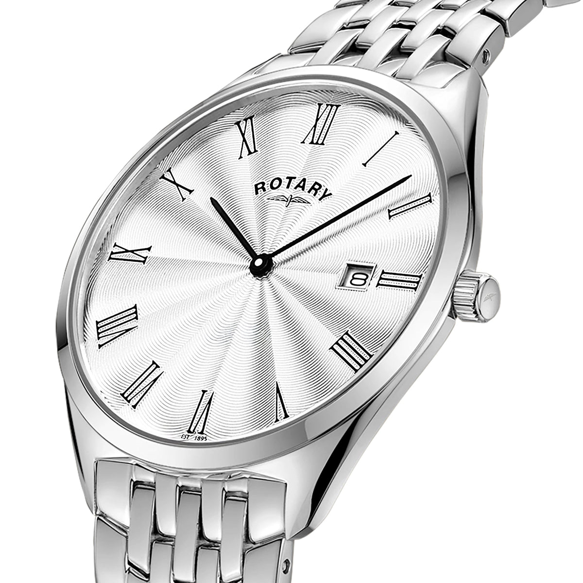 Rotary GB08010/01 silver guilloche dial with Roman numerals
