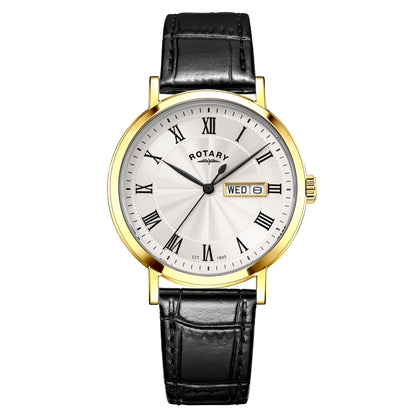 Rotary Heritage GS05423/01 gold men's watch with white Roman dial and black leather strap