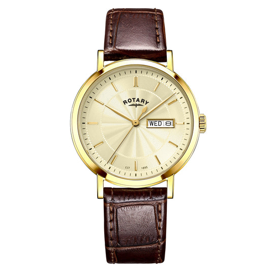 Rotary Heritage GS05423/03 gold men's watch with champagne dial and brown leather strap
