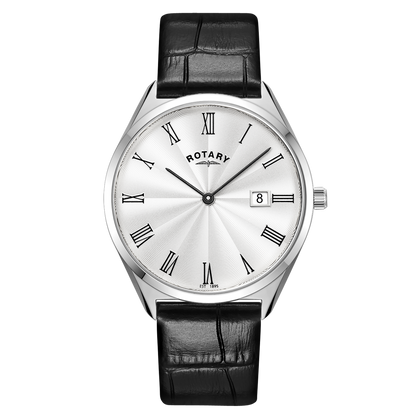 Rotary Ultra Slim GS08010/01 stainless steel men's watch with black leather strap
