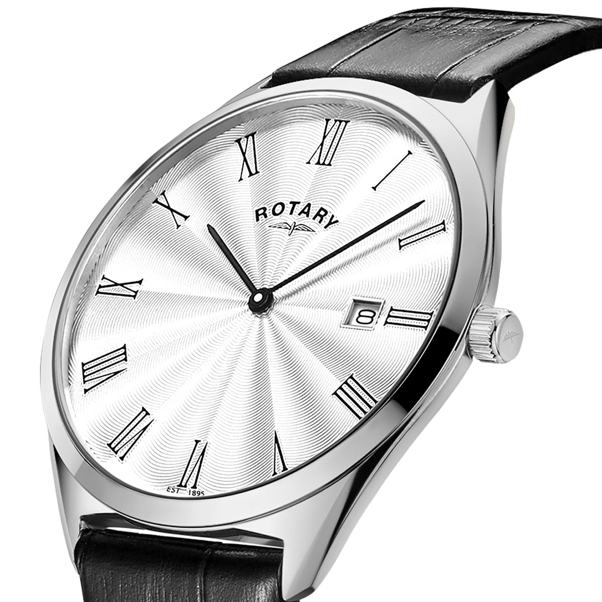 Rotary GS08010/01 silver guilloche dial with Roman numerals