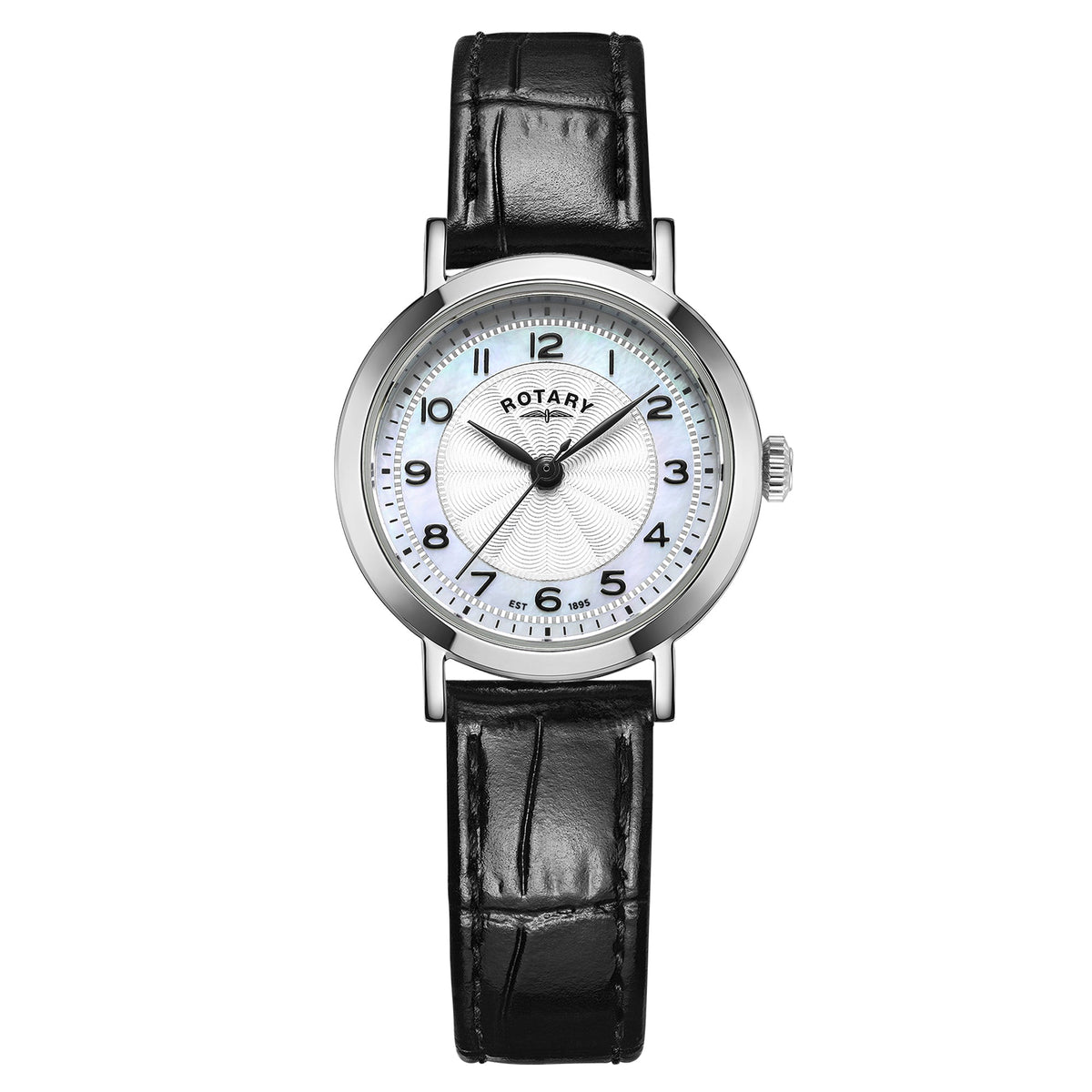 Rotary Heritage LS05420/68 stainless steel ladies' watch with mother of pearl dial and black leather strap