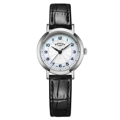 Rotary Heritage LS05420/68 stainless steel ladies' watch with mother of pearl dial and black leather strap