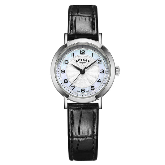 Rotary Heritage LS05420/68 stainless steel ladies' watch with mother of pearl dial and black leather strap