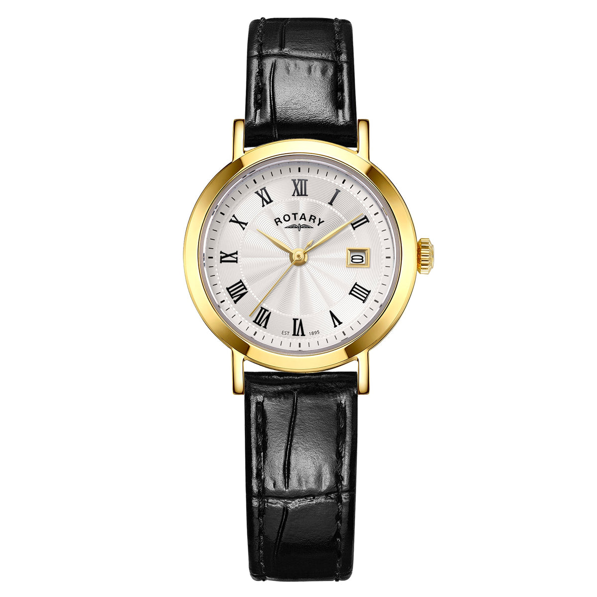Rotary Heritage LS05423/01 gold ladies' watch with white guilloche dial and black leather strap