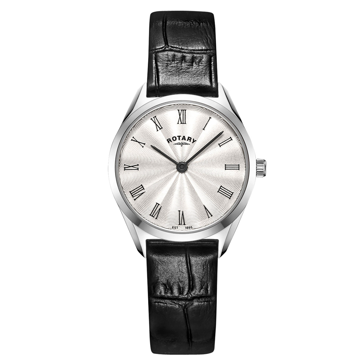 Rotary Ultra Slim LS08010/01 ladies' watch with silver dial and black leather strap