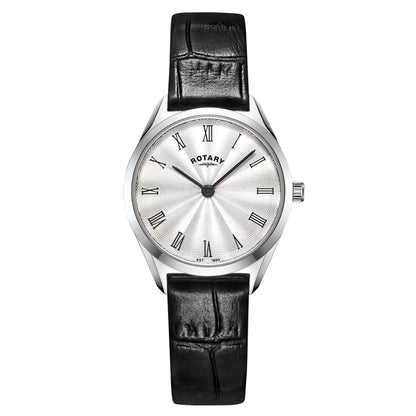 Rotary Ultra Slim LS08010/01 ladies' watch with silver dial and black leather strap