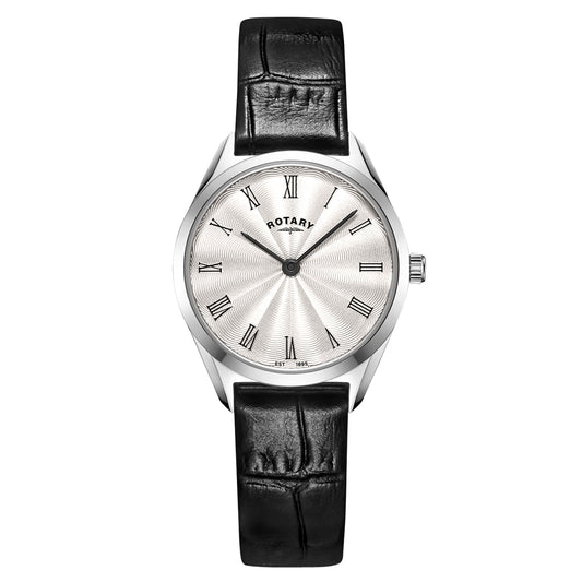 Rotary Ultra Slim LS08010/01 ladies' watch with silver dial and black leather strap