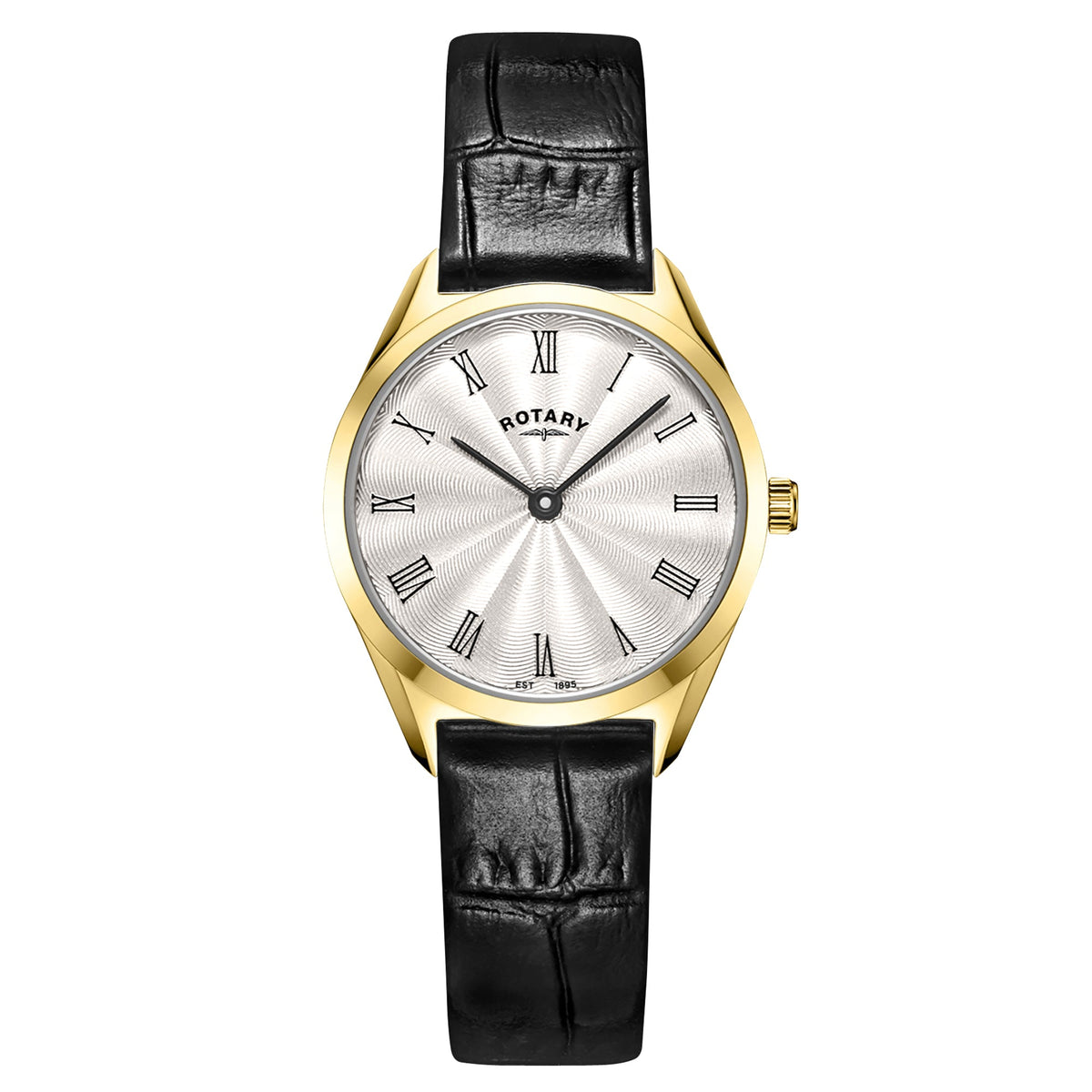 Rotary Ultra Slim LS08013/01 gold ladies' watch with silver dial and black leather strap