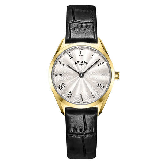 Rotary Ultra Slim LS08013/01 gold ladies' watch with silver dial and black leather strap