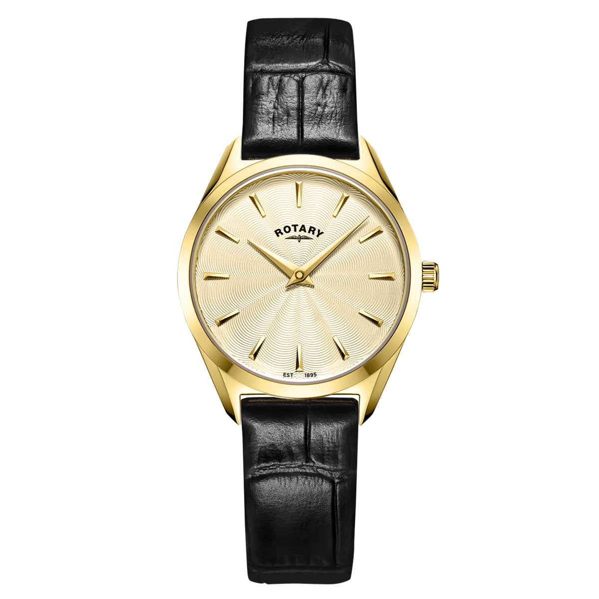 Rotary Ultra Slim LS08013/03 gold ladies' watch with champagne dial and black leather strap