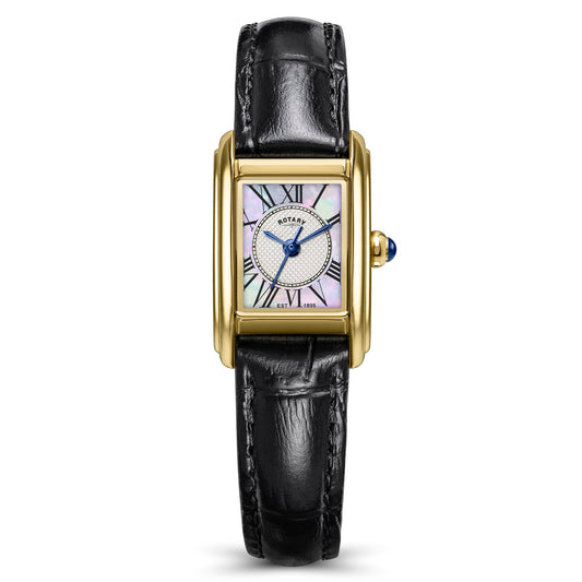 Rotary Heritage Astoria RLS10052/41 gold rectangular ladies' watch with black leather strap