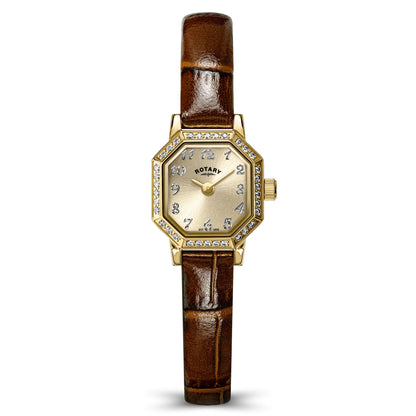 Rotary Heritage Astoria RLS10056/03 gold ladies' watch with champagne dial and brown leather strap